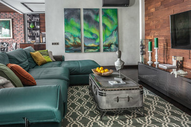 Photo of a large urban living room in Moscow with a music area, grey walls, dark hardwood flooring, no fireplace and a built-in media unit.