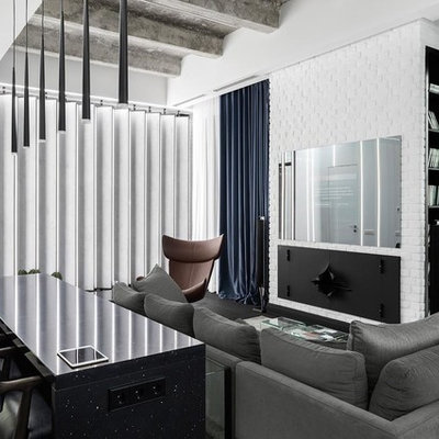 Living room - mid-sized contemporary open concept dark wood floor and black floor living room idea in Moscow with a wall-mounted tv, white walls, a standard fireplace and a metal fireplace