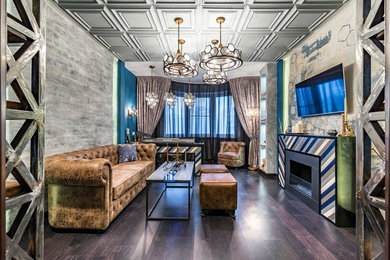 Photo of an eclectic formal living room in Moscow with dark hardwood flooring, a standard fireplace, a wall mounted tv and brown floors.