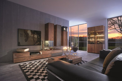 Пример оригинального дизайна: большая гостиная комната в современном стиле с серыми стенами, телевизором на стене и серым полом