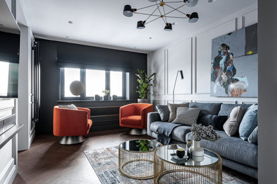 Inspiration for a small contemporary formal open plan living room in Yekaterinburg with grey walls, vinyl flooring, a two-sided fireplace, a metal fireplace surround, a wall mounted tv and beige floors.