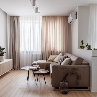 Inspiration for a mid-sized contemporary open concept beige floor and light wood floor living room remodel in Other with gray walls and a wall-mounted tv