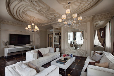 Стильный дизайн: парадная гостиная комната в стиле неоклассика (современная классика) с телевизором на стене и коричневым полом - последний тренд