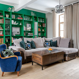 Eclectic light wood floor and beige floor living room photo in Moscow with green walls