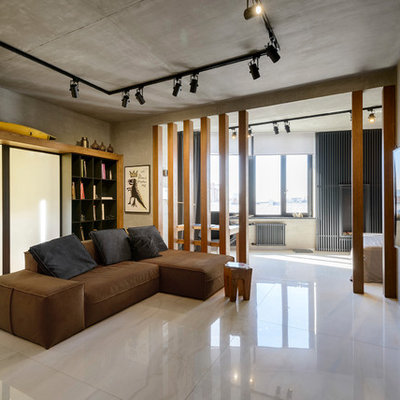 Trendy open concept beige floor living room photo in Novosibirsk with gray walls and a wall-mounted tv