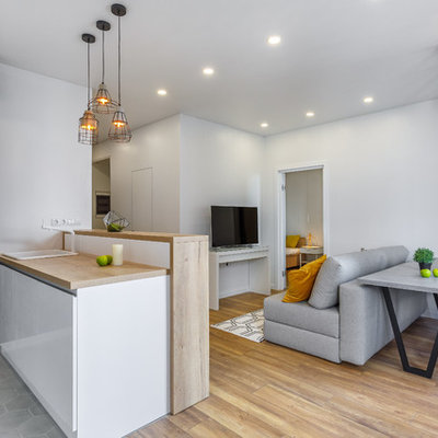 Inspiration for a contemporary formal and open concept medium tone wood floor and brown floor living room remodel in Moscow with white walls and a tv stand