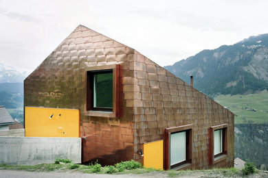 Kleines, Zweistöckiges Modernes Haus mit Metallfassade, brauner Fassadenfarbe und Pultdach in Hamburg