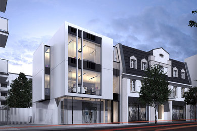 Kleines, Dreistöckiges Modernes Reihenhaus mit Faserzement-Fassade, weißer Fassadenfarbe, Flachdach und Misch-Dachdeckung in Sonstige