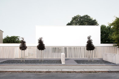 Imagen de fachada blanca contemporánea grande con revestimiento de aglomerado de cemento y tejado plano