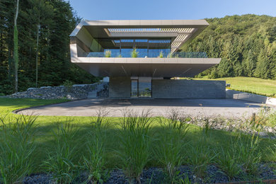 Ispirazione per la facciata di una casa ampia beige contemporanea a due piani con rivestimento in metallo e tetto piano