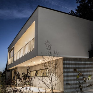 Modelo de fachada de casa gris, actual, de tamaño medio, de dos plantas, con revestimiento de hormigón, tejado plano y techo verde