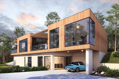 Großes, Zweistöckiges Modernes Haus mit beiger Fassadenfarbe, Flachdach und Blechdach in Sonstige