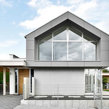 Haus mit Sichtbeton und Glasfassade, Eingang