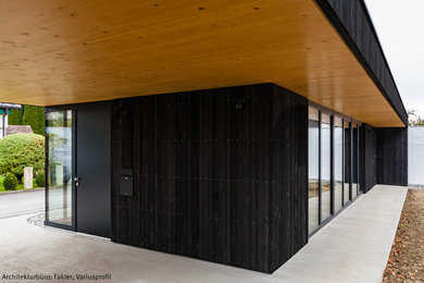 Diseño de fachada negra contemporánea con revestimiento de madera