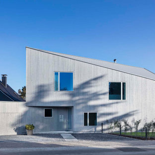Großes, Zweistöckiges, Graues Modernes Einfamilienhaus mit Pultdach in Düsseldorf