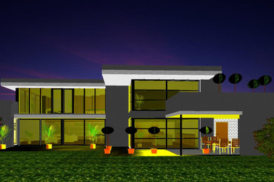 Mittelgroßes, Einstöckiges Modernes Einfamilienhaus mit Putzfassade, weißer Fassadenfarbe und Flachdach in Sonstige