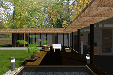 Kleines, Einstöckiges Modernes Einfamilienhaus mit Glasfassade, brauner Fassadenfarbe, Walmdach und Schindeldach in Sonstige
