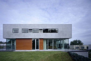 Ispirazione per la facciata di una casa grande grigia moderna a due piani con rivestimento in cemento e tetto piano