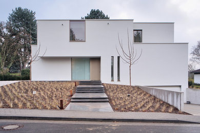 Diseño de fachada de casa beige moderna de tamaño medio de dos plantas con revestimiento de estuco, tejado plano y techo verde