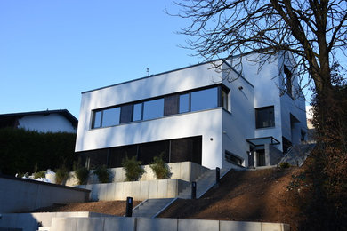 Geräumiges, Dreistöckiges Modernes Einfamilienhaus mit Putzfassade, weißer Fassadenfarbe und Flachdach in Frankfurt am Main