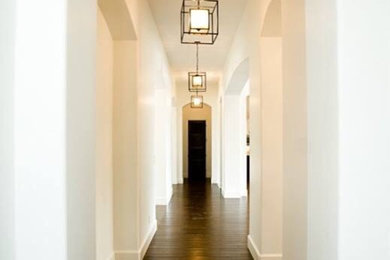 Large transitional dark wood floor hallway photo in Austin with white walls