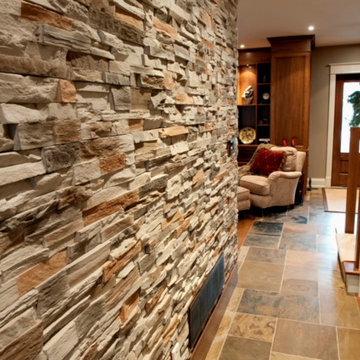 Accent Wall, Built in Wood Bookcase, Slate Floors