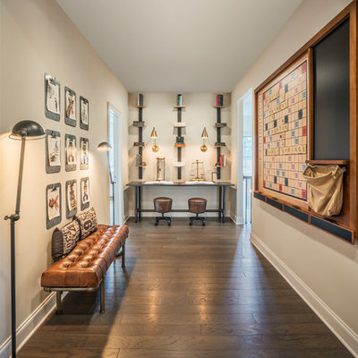 Inspiration for a timeless dark wood floor and brown floor hallway remodel in Atlanta with gray walls