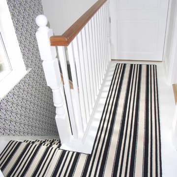 black and white striped landing carpet runner