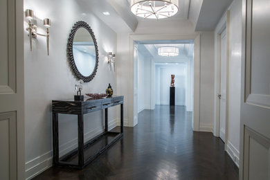 Idée de décoration pour un grand couloir design avec un mur gris, parquet foncé et un sol marron.
