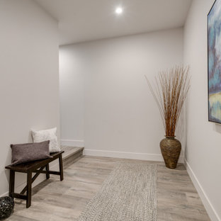 Réalisation d'un grand couloir design avec un mur blanc, sol en stratifié et un sol gris.