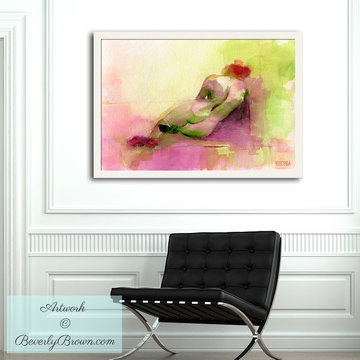 Dramatic Entry Hall with Chartreuse, Pink & Orange Framed Figurative Art