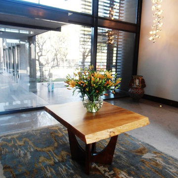 Entrance hall, custom solid wood table, Ikat rug