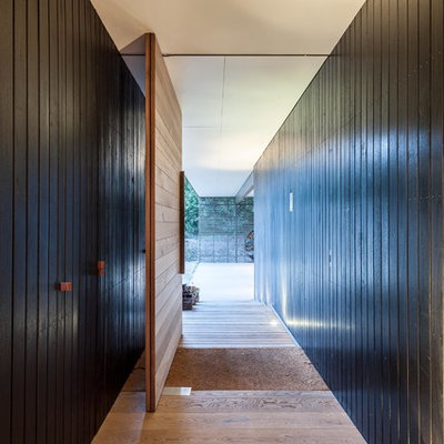 Hallway - contemporary light wood floor hallway idea in Melbourne