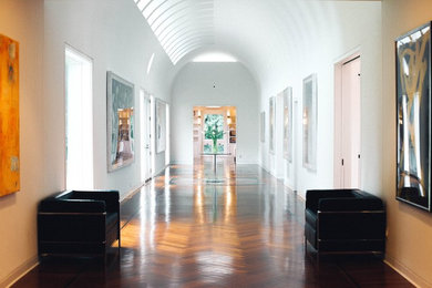 Ejemplo de recibidores y pasillos minimalistas grandes con paredes blancas y suelo de madera oscura