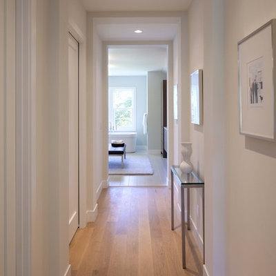 Inspiration for a contemporary medium tone wood floor hallway remodel in Minneapolis with white walls