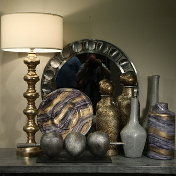 Hallway Side Table with Gold Finish Tabletop Lamp, Large Silver Mirror and Blue