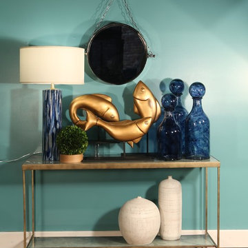 Hallway Side Table with White, Blue and Gold Accents, Hand-Blown Glass Tabletop