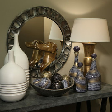 Hallway Table with Round, Nickel Mirror, Gold Finished Lamp, White Vases and Blu