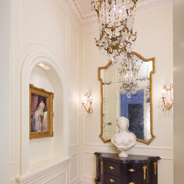Hallway to Powder Room with Millwork Venetian Plaster Crown Moulding