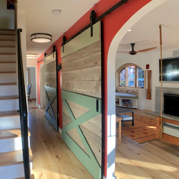 Transitional Hallway with Barn Doors
