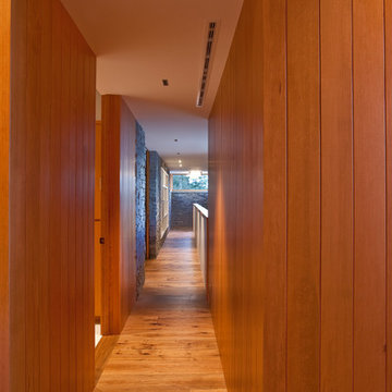 Hallway with wood paneling
