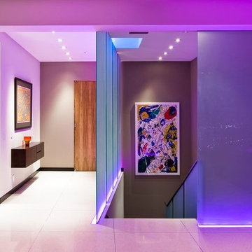 Harold Way Hollywood Hills modern home entry foyer with colored LED lighting