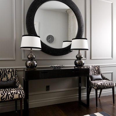 Inspiration for a mid-sized transitional dark wood floor and brown floor hallway remodel in Toronto with gray walls