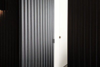 メルボルンにある高級な中くらいなモダンスタイルのおしゃれな廊下 (黒い壁、濃色無垢フローリング、黒い床) の写真