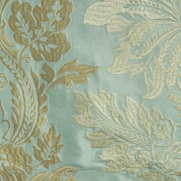 Light Blue Embroidered Vase Damask Dupioni Silk Custom Made Curtains