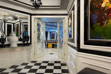 Foto de recibidores y pasillos contemporáneos de tamaño medio con suelo de baldosas de porcelana, suelo multicolor y paredes multicolor