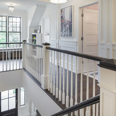 Transitional dark wood floor and brown floor hallway photo in Minneapolis with white walls