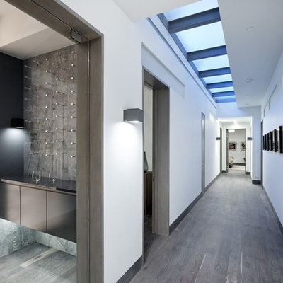 Example of a large trendy dark wood floor and gray floor hallway design in Denver with white walls