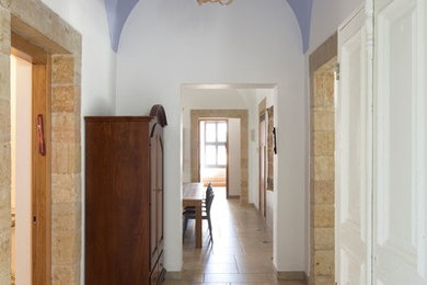 Foto de recibidores y pasillos contemporáneos de tamaño medio con suelo de baldosas de porcelana