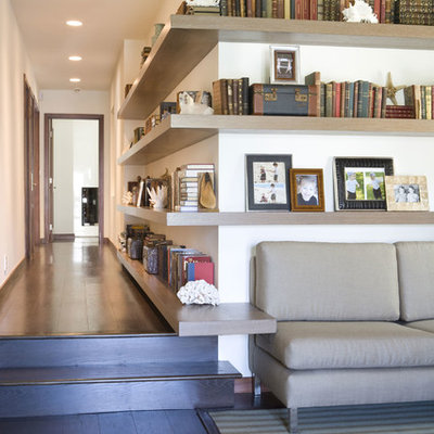 Inspiration for a contemporary dark wood floor hallway remodel in Los Angeles with white walls